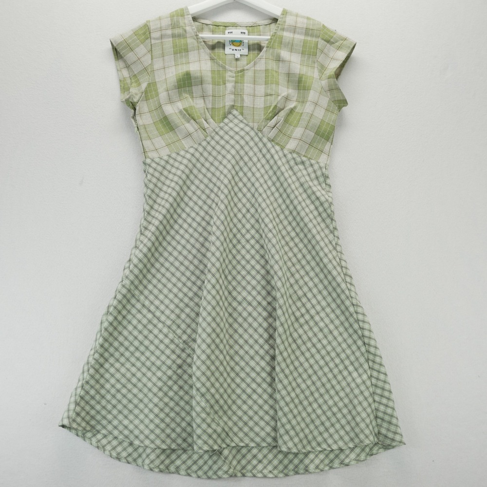 UNIF Green Plaid Empire Waist Mini Dress Cap Sleeve V-Neck Large